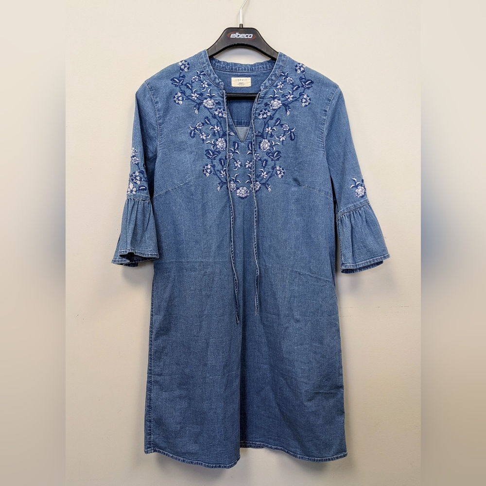 Vintage ESPRIT embroidered bell sleeve denim midi dress